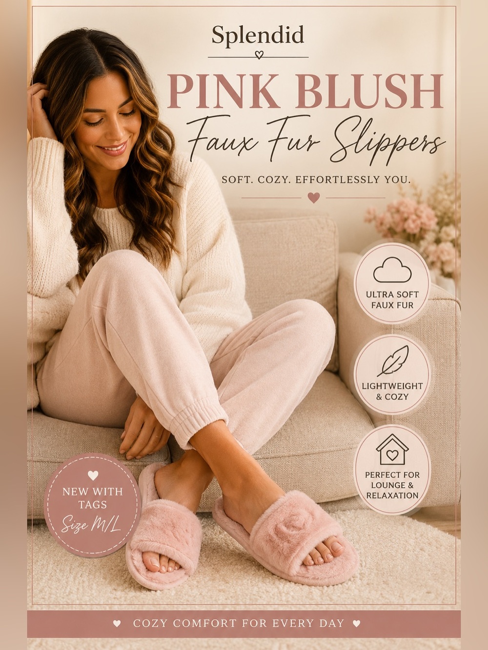 Splendid Pink Blush Faux Fur
Slippers Size M/L NWT
